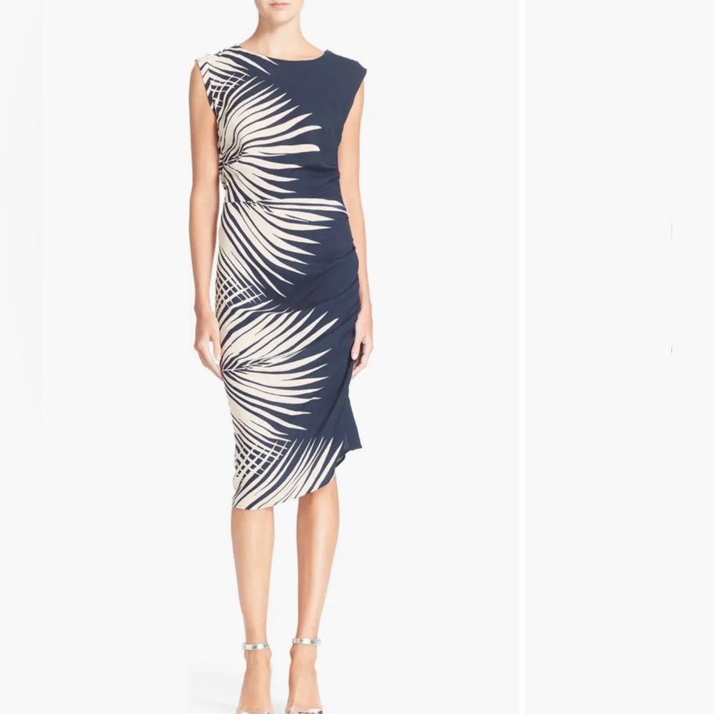 Veronica Beard Mojorra Ruched Palm Leaf-Print Sheath Dress